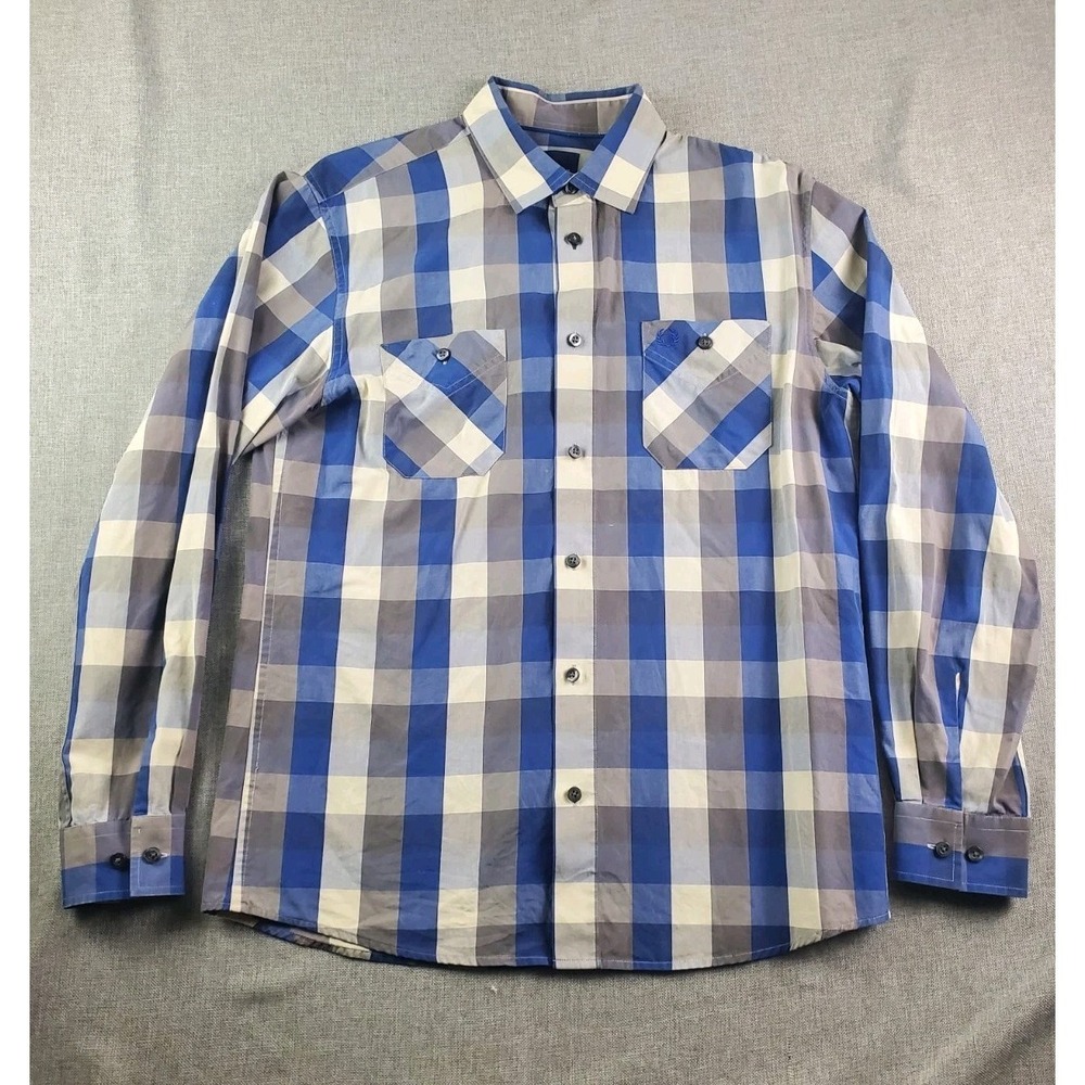Fred Perry Shirt Mens Medium Blue Plaid Button Down Long Sleeve Pockets